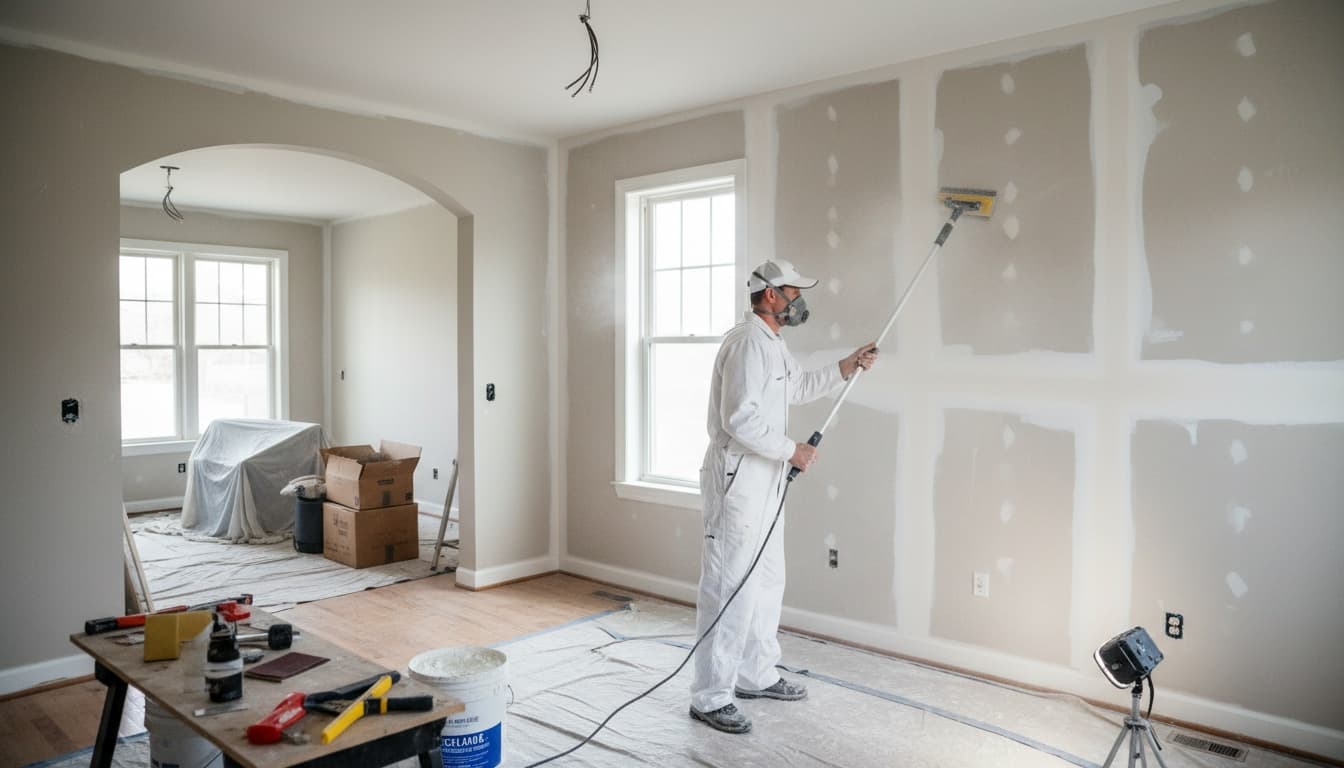 Painter sanding a wall for surface preparation