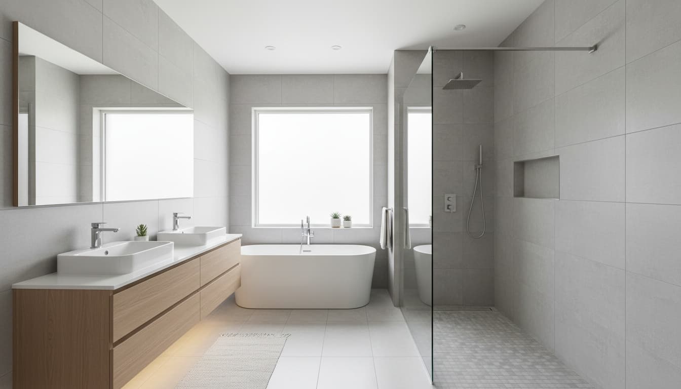 Bathroom with large porcelain tile on floor and wall