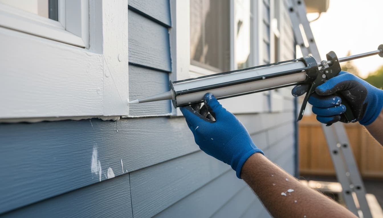 Painter applying caulk to exterior siding